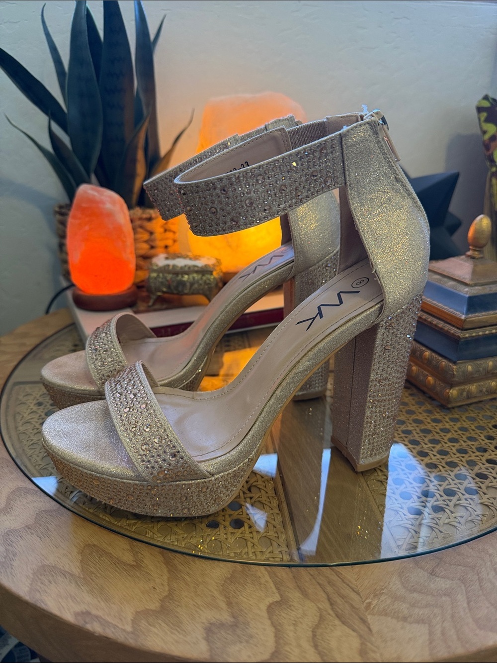 Wk Gold Glitter Platform Block Heel Sandals